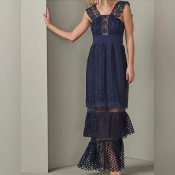 VENUS | Dresses | Venus Womens Navy Blue Guipure Lace Tiered Maxi | Poshmark